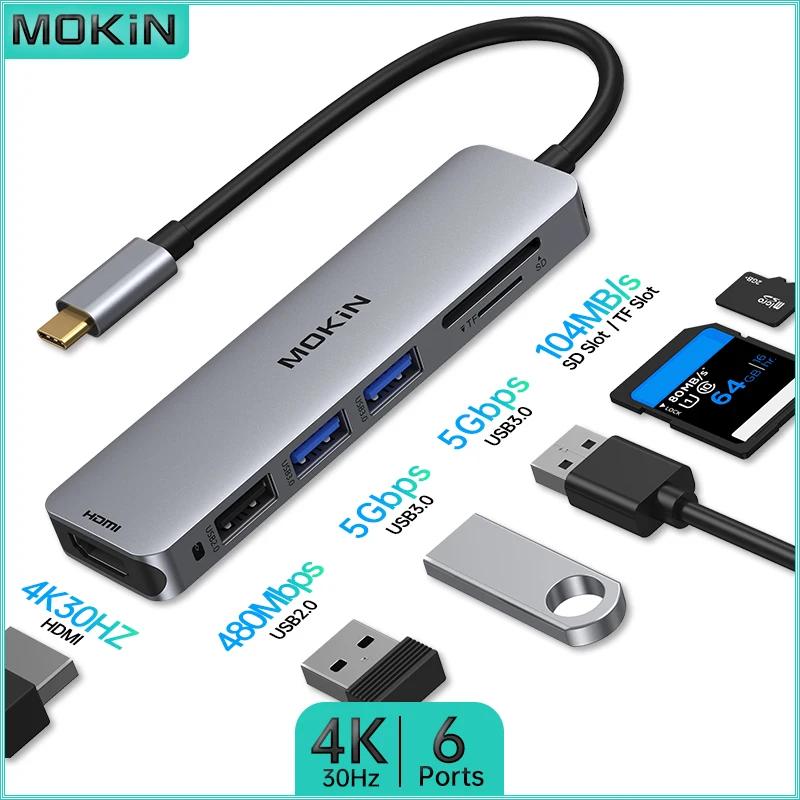 Thunderbolt ƮϿ MOKiN 6 in 1 ŷ ̼ - USB2.0, USB3.0, HDMI 4K30Hz, SD, TF -  ڸ  ְ 